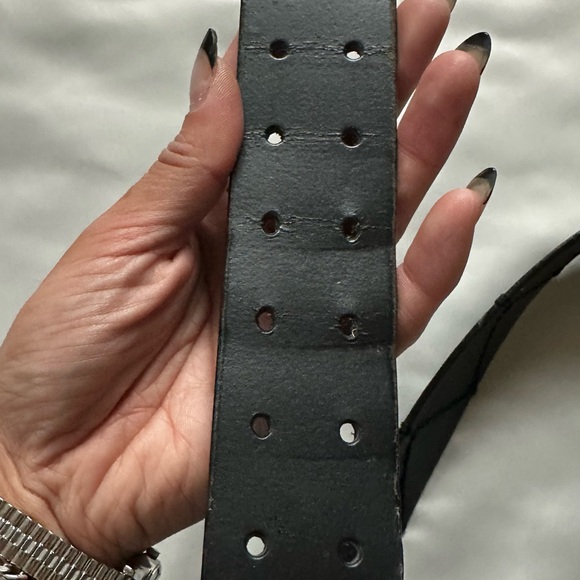 PRANA BLACK LEATHER STITCHED BELT STITCHED SILVER SQUARE BUCKLE SIZE-mens M - Picture 5 of 9